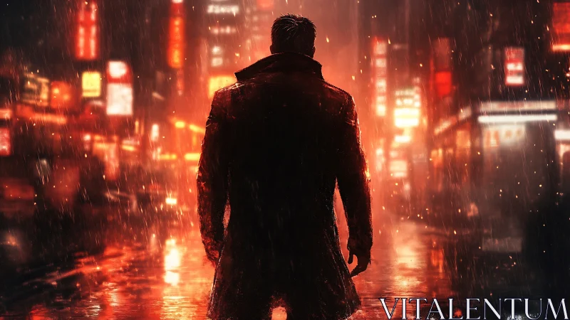 Silhouetted figure stands in rainy neon lit city street