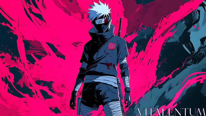 Masked anime warrior in dark uniform amid vivid streaked backdrop.