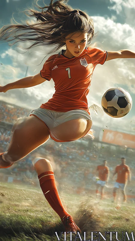 Powerful soccer striker charges forward with fierce focus