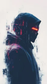Cybernetic hooded silhouette with neon visor in profile view