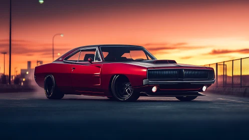 Sunset boulevard muscle car glowing with nostalgic power.