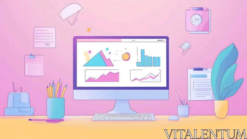 Colorful workspace illustration with computer and charts
