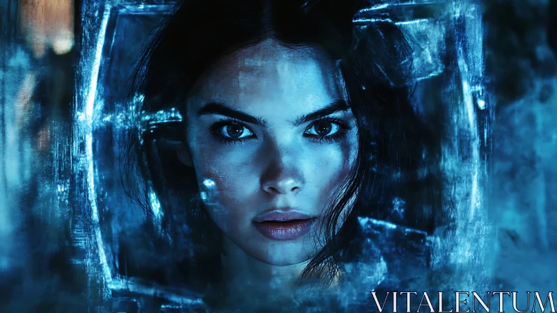 Female face framed by blue abstract digital elements.