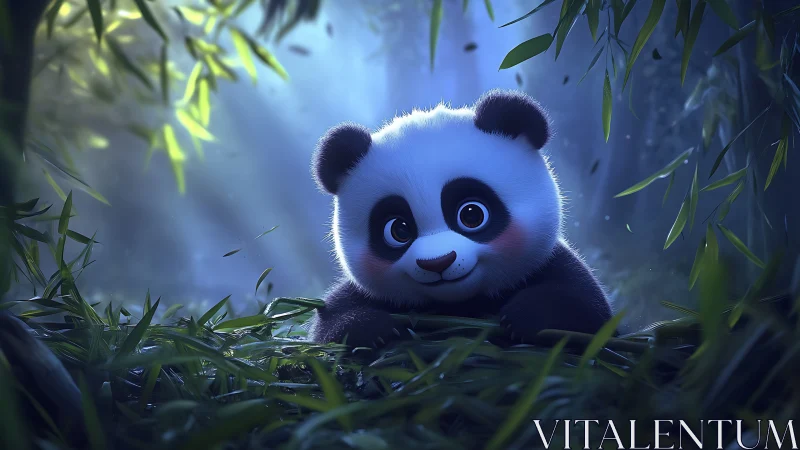 Baby panda rests in glowing bamboo forest at twilight