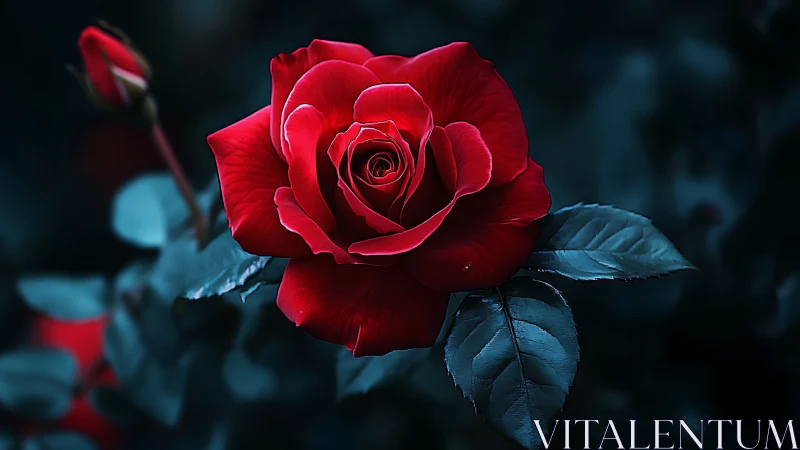 Red Rose with Blue Foliage in Dark Setting.
