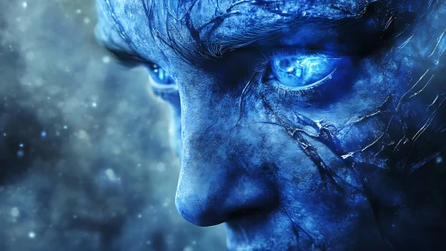 Intense close-up of icy blue alien face with glowing eyes.