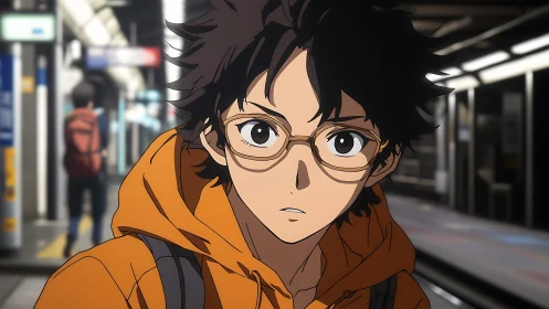 Young commuter with glasses on subway station platform.