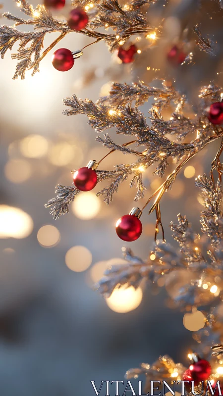 Silver Christmas branches with red baubles and lights.