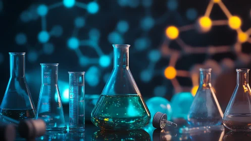 Laboratory glassware with colored liquids on reflective surface.