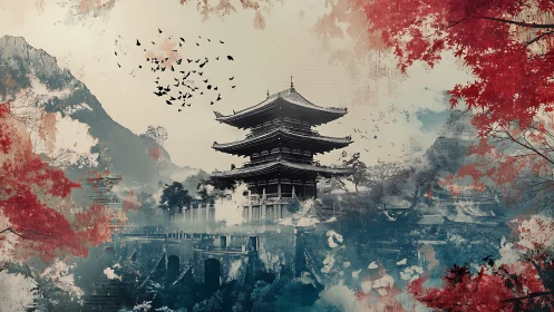 Pagoda rises over misty valley framed by red foliage