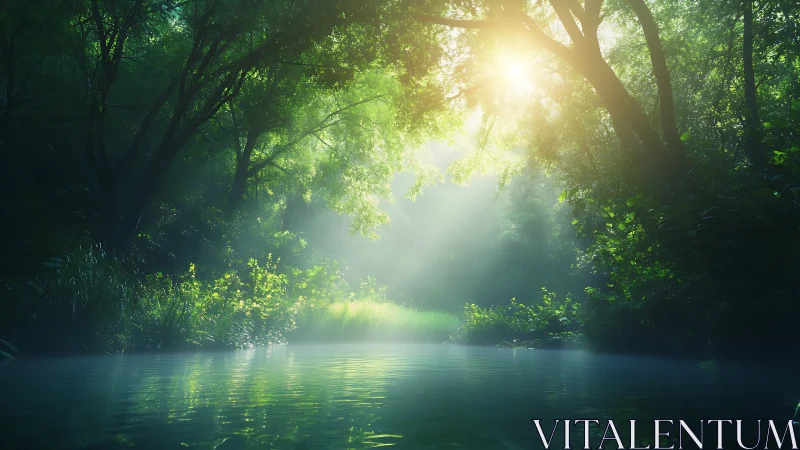 Backlit forest pond with volumetric god rays and mist diffusion