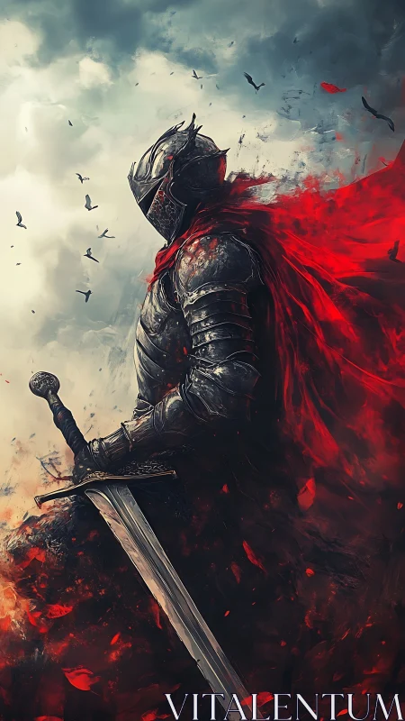 Armored knight with flaming red cloak surveys storm sky