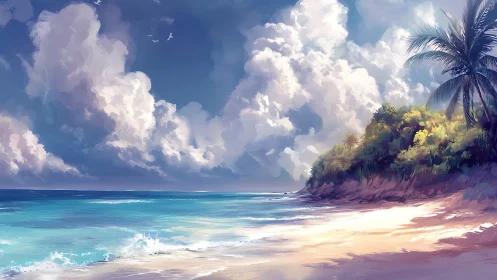 Tropical Beach Landscape with Cliff and Cumulus Clouds
