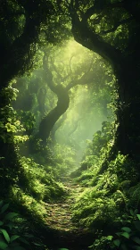 Ancient Forest Corridor with Luminescent Canopy Filtering.