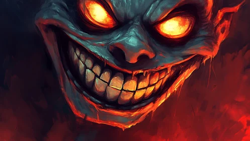 Sinister fiery demon face with glowing eyes and teeth.