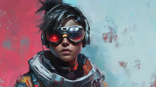 Futuristic pilot portrait with asymmetric bicolor background and visor