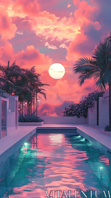 Sunset pool reflects saturated pink clouds and round sun