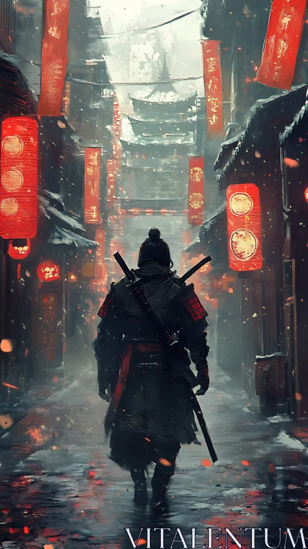 Lone samurai stalks snowlit alley of red lantern fire.
