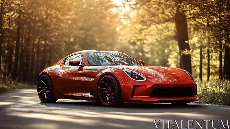 Sunlit scarlet coupe prowls a forest road like quiet thunder