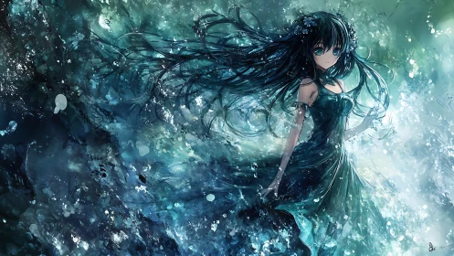 Mystical girl in swirling oceanic light stands in silence.