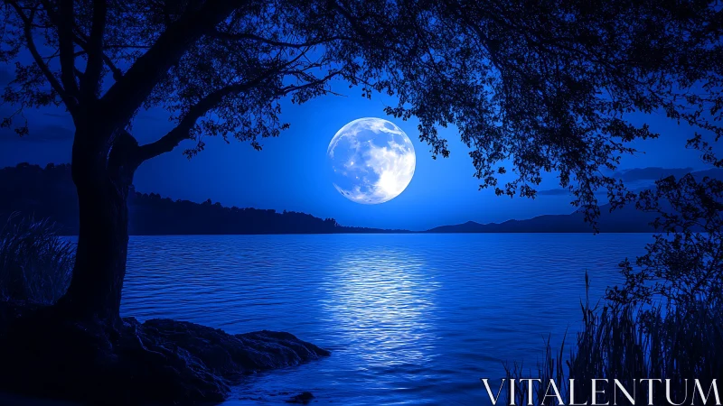 Full moon over tranquil lake framed by silhouetted foliage