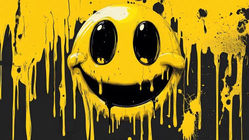 Grinning neon smiley melts into wild yellow paint drips.