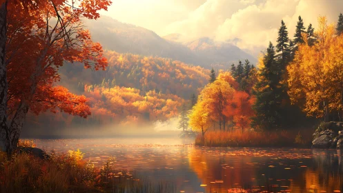 Autumn forest surrounds calm mountain lake under warm light