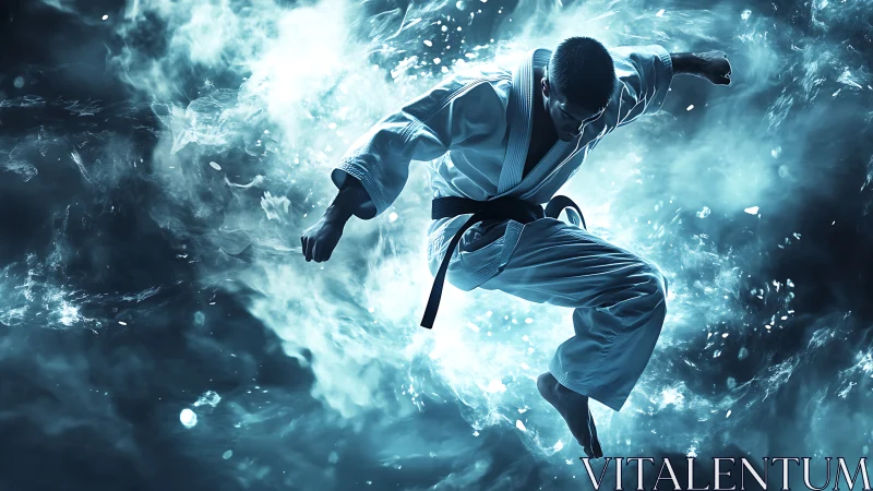 Dynamic karate jump kick amid cyan energy particle vortex