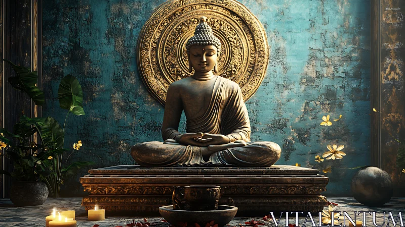 Buddha statue in serene candlelit shrine with teal wall.