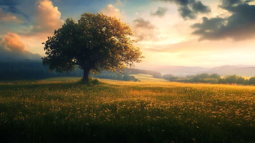 Solitary oak glows in golden light across rolling meadow.