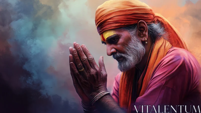 Elderly devotee in prayerful gesture, warm bokeh clouds backdrop