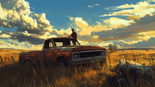 Rusting pickup truck in open grassland under clouded sky.