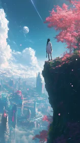 Digital painting skyline with cliffside figure and neon canopy.