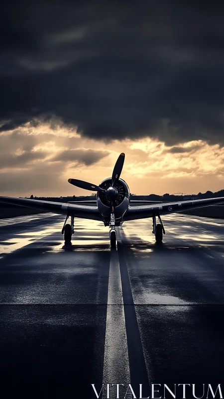 Vintage propeller aircraft on wet runway at stormy dusk.