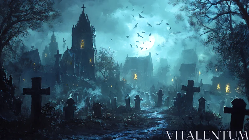 Moonlit gothic graveyard shrouded in haunted blue fog.