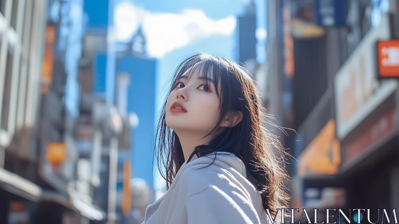 Young woman in soft light on vibrant city street.