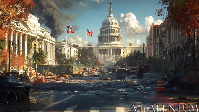 Capitol dome watches a wounded avenue smolder toward dusk