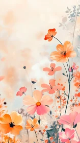 Soft Watercolor Cosmos Garden Blooms in Coral Tones.