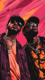 Digital painting portrait of two hip-hop artists on neon backdrop.