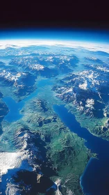 Snowcapped fjords under a glowing planetary halo sky.