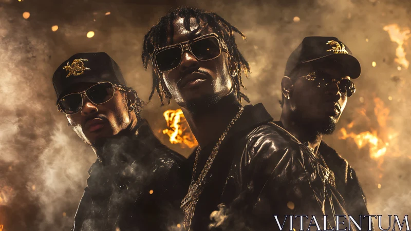 Triadic hip-hop portrait in pyrotechnic cinematic backlight.