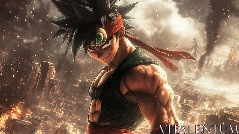 Battle-scarred warrior smirks over ember-drowned megacity.