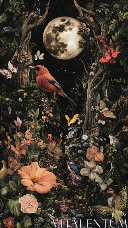 Lunar-lit avian sanctuary unfolds within dense surreal flora