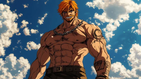 Sky-forged warrior stands unbroken beneath blazing clouds.