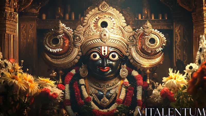 Intricately adorned Hindu deity idol with garlands and gilded crown