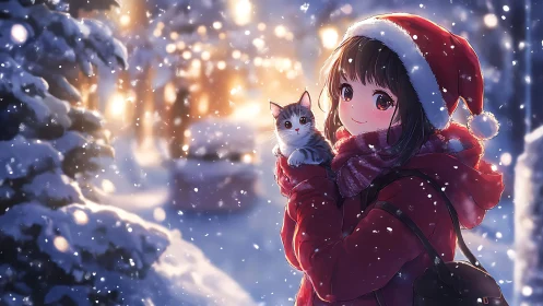Girl holds small cat outdoors during illuminated snowfall