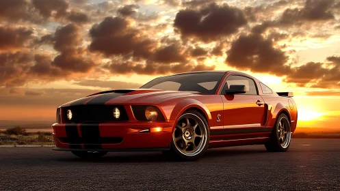 Sunlit red muscle car poised on open desert highway.