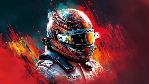 Racing driver portrait in fiery digital neon abstraction.