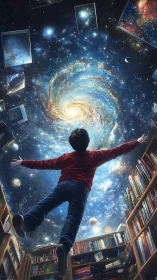 Boy in library floating toward swirling cosmic galaxy sky.