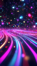 Neon light trails curve through cosmic particle bokeh field.